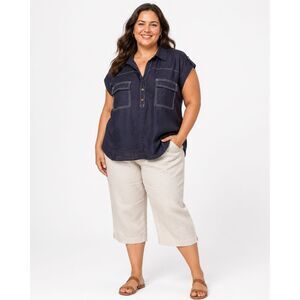 Carole Little Woman Linen Blend Contrast Stitch Utility Blouse Top Navy Size 2X